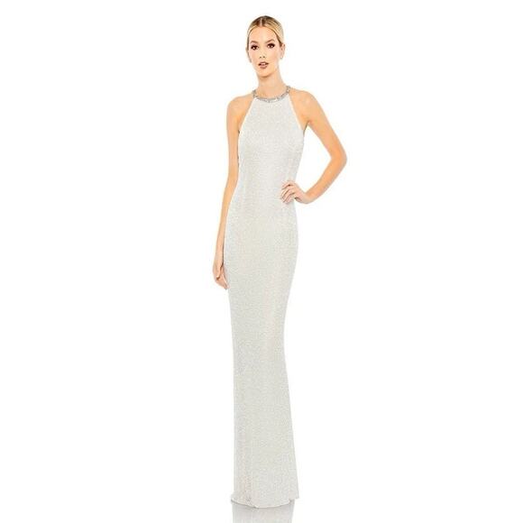 Mac Duggal Beaded Halter Neck Column Sheath Gown Sleeveless White Bridal Sz 14 - Picture 3 of 16